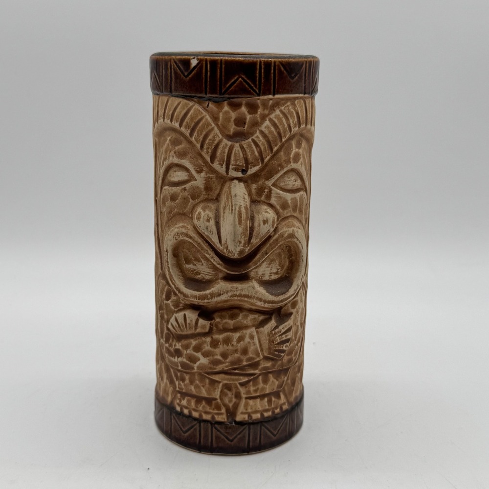 Vintage 1960s OMC Japan Brown Ceramic Crossed Arms Totem Tiki Mug Tumbler 6"